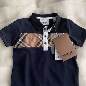 Burberry Polo Shirt in Blue and Tan with Iconic Plaid